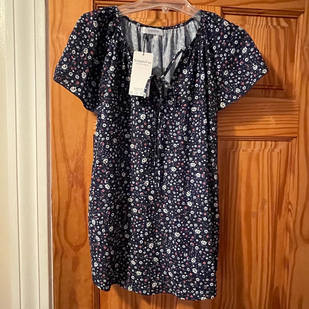 SimpleFun Women's Boho Floral V-Neck Short Sleeve Summer Blouse, Size Large, NWT